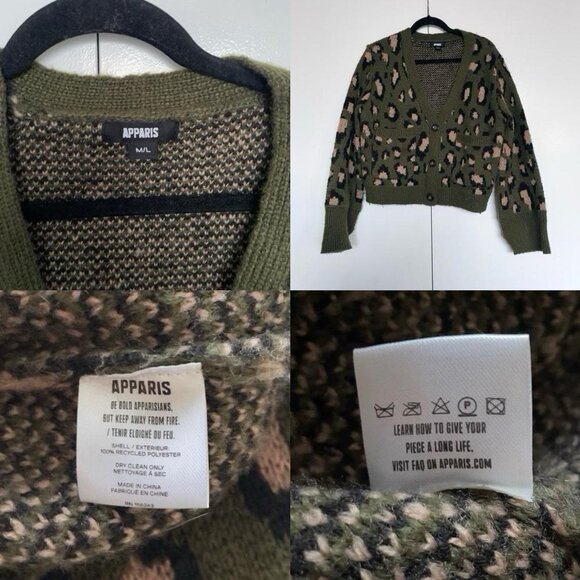 Revolve Apparis | Olive khaki green "Leo" leopard animal knit cardigan | Sz M-L - Picture 3 of 3